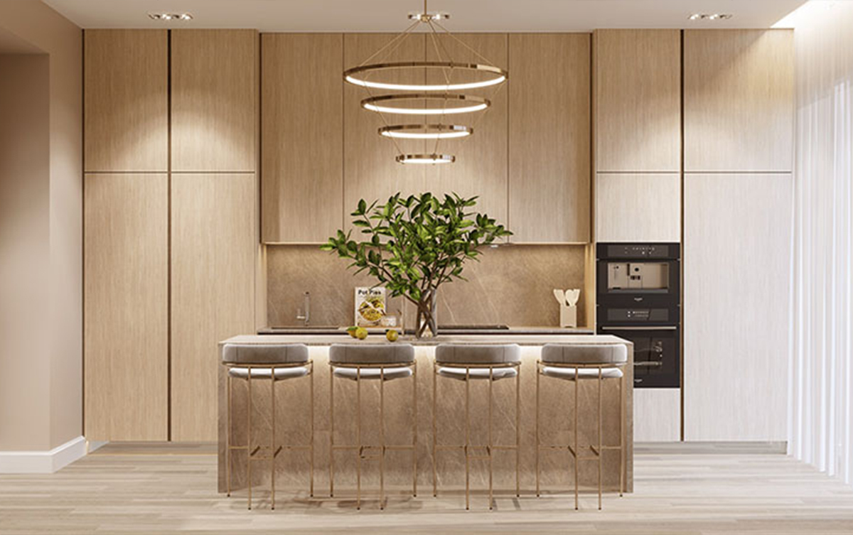 Mẫu thiết kế nội thất phòng bếp đẹp hiện đại dạng quầy bar, tủ chữ I